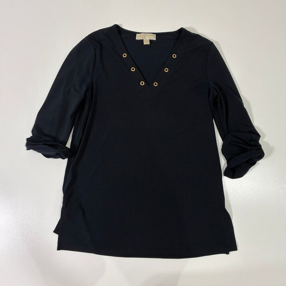 Michael Michael Kors Navy V-Neck Top Gold Grommet Roll-Tab Sleeve M